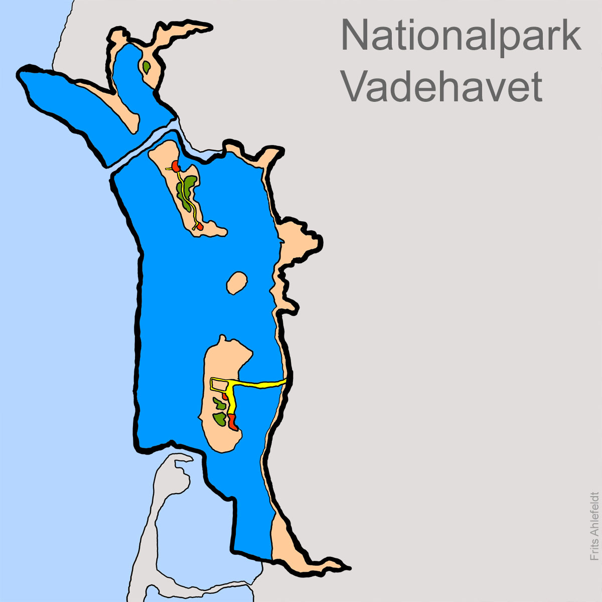 Grafisk landkort over Nationalpark Vadehavet, Danmark. illustration af Frits Ahlefeldt