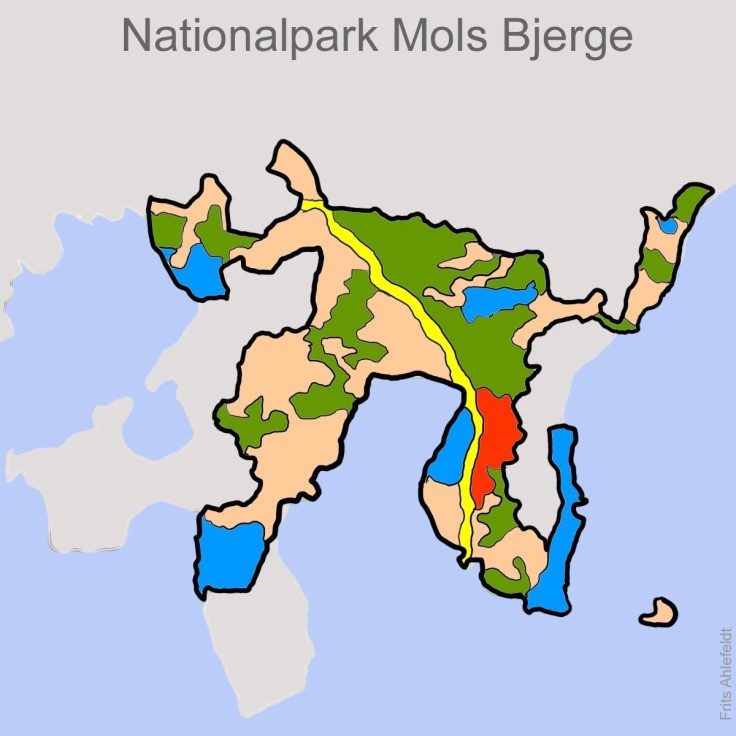 Grafisk landkort over Nationalpark Mols Bjerge, Danmark. illustration af Frits Ahlefeldt